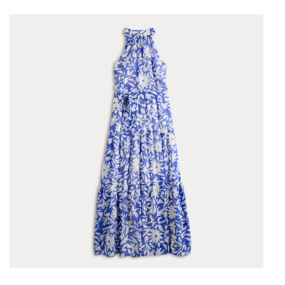Donna Ricco Blue Ivory Floral Halter Long A-Line Maxi Dress Size 8 Regular